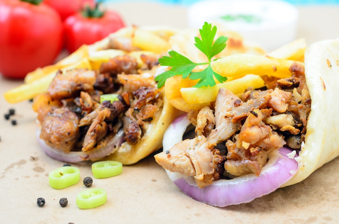 Classic Greek gyro with lamb, pita bread and tzatziki sauce